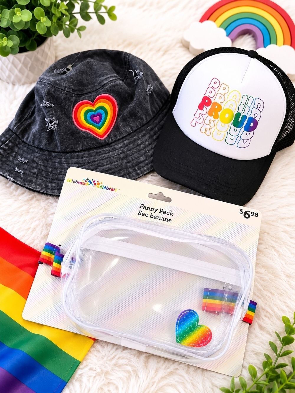NWT Pride Bundle Trucker Hat Bucket Hat Clear Fanny Pack Rainbow LGBTQ